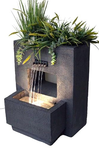 Fuente de jardín con iluminación, plantable, Aspecto hormigón, 57 cm, Fuente de Agua, Cascada, Blanco cálido