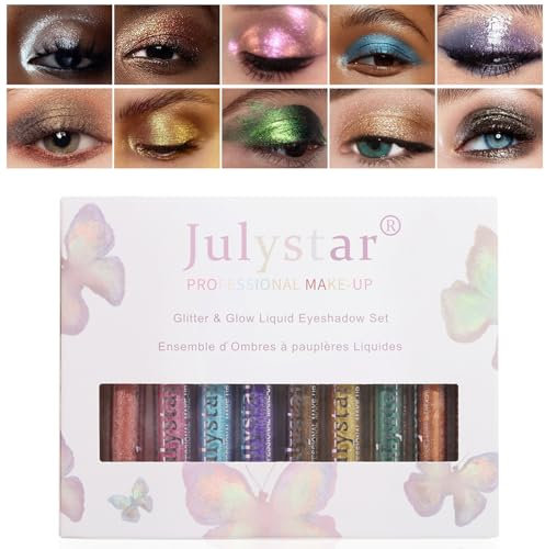 10 Farben Glitzer Flüssig Lidschatten Set, Liquid Eyeshadow, Lidschatten Glitzer, Metallischer Schimmer Lidschatten, Funkelnder Lidschatten, Geschenkset für Frauen, Wasserfest, Schnell Trocknend