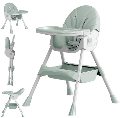 Baby High Chair, 5 in 1 High Chairs for Babies and Toddlers, Travel Foldable High Chair with Detachable PU Cushion, Double Removable Tray, Adjustable Height & Recline, Locking Wheels (Turquoise)