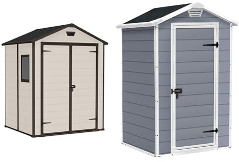 Keter Manor Outdoor Apex Double Door Garden Storage Shed 6 x 5ft Beige Brown Wood effect & Manor Outdoor Garden Storage Shed, Grey, 4 x 3 ft