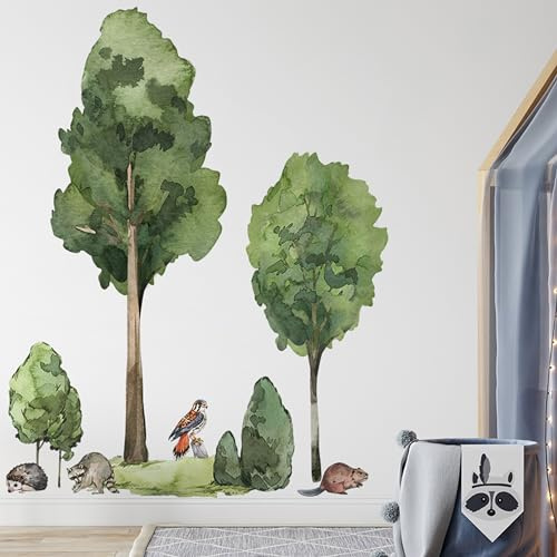 Sticker mural géant au motif d'arbres à feuilles caduques - Taille XXL - Motif animaux - Grands arbres à feuilles caduques