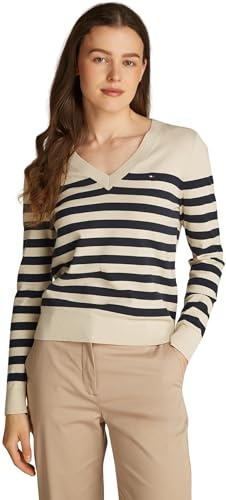 Tommy Hilfiger Pullover Donna Jersey V-Neck Pullover in Maglia, Multicolore (Her STP Dark Night Navy/Country IV), S
