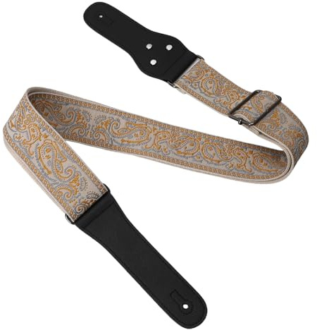 Gitarrengurt, bestickter Bassgitarrengurt im Vintage-Stil mit rutschfester Schnalle, längenverstellbarer Gitarrengurt für Bass, elektrische und akustische Gitarre (GOLD)