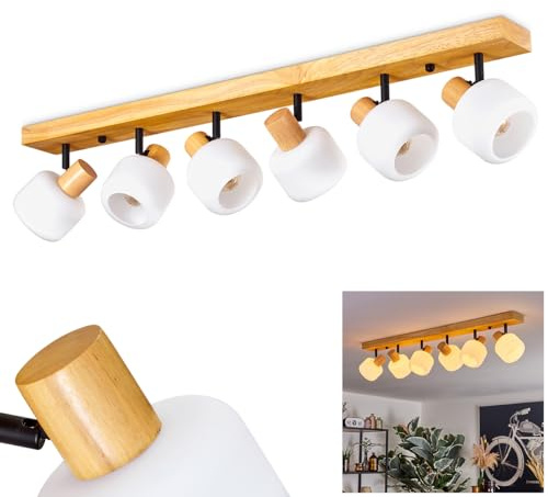 HOFSTEIN Deckenleuchte Miguas, verstellbare Deckenlampe aus Holz/Metall/Milchglas in Natur/Schwarz/Weiß, Leuchte im Boho/skandinavischen Design, 6 x E14, Schlafzimmer, Wohnzimmer, Küche, Esszimmer