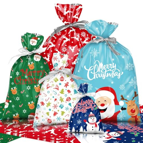 SULOLI 30 Pezzi Sacchetti Regalo Natale,Buste Regalo con Coulisse,Borsa Varie Misure per Feste di Natale,Confezioni Regalo
