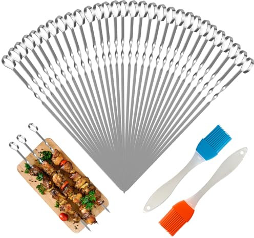 30 brochetas de metal con 2 cepillos para parrilla, pinchos de metal de acero inoxidable, pinchos reutilizables para barbacoa, pinchos planos para barbacoas al aire libre, fiestas familiares,