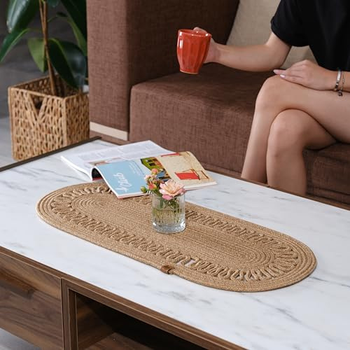 Odiyo Jute Table Runner with 2 Round Placemats, Anthracite Table Runner for Dining Table, Braided Woven Jute Runner, Coffee Table Runner, Natural Table Decor