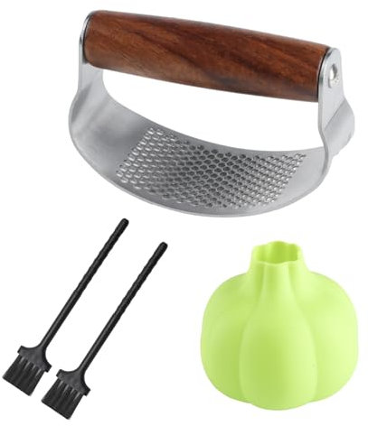 Knoblauchpresse Edelstahl Knoblauchwippe, Knoblauchpresse Wippe mit Holz Griff, Garlic Crusher Presser, Knoblauchschneider, Küchenhilfen, mit Silikon Knoblauchschäler + 2 Reinigungsbürste
