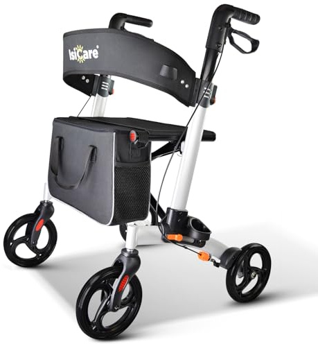 ISICARE Rollator Premium leicht faltbar Aluminium, nur 6,5 Kg, Gehhilfe mit Rädern Senioren, Leichtgewichtrollator klappbar, Laufhilfe Erwachsene, Gehwagen Innen, Draußen & Kofferraum (Silber)