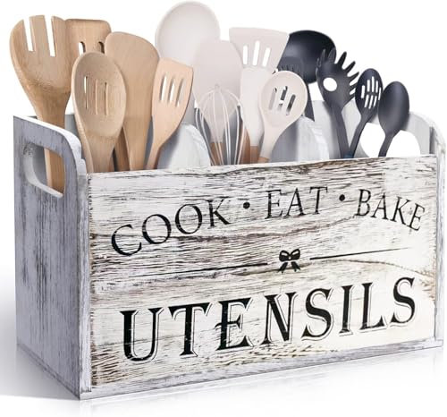 Atooge Kitchen Utensil Holder with 3 Compartments, Wooden Storage Utensil Organizer for Countertop, Farmhouse Decor, Rustic Cooking Utensil Kitchen Tool