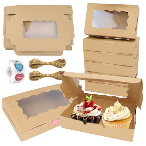 GIAK Cupcake Box Kraftpapier Karton Mit Sichtfenster Cupcake Boxen 20 Stk | Donut Box Mit Aufkleber für Keksschachtel Mehlspeisenkarton Dessert Cupcakes Kraftpapier (B)