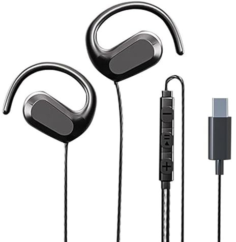 fesoklaf Auriculares con cable de oreja abierta con ganchos para las orejas, auriculares para correr con micrófono y control de volumen en línea, conector tipo C, auriculares estéreo con cable para