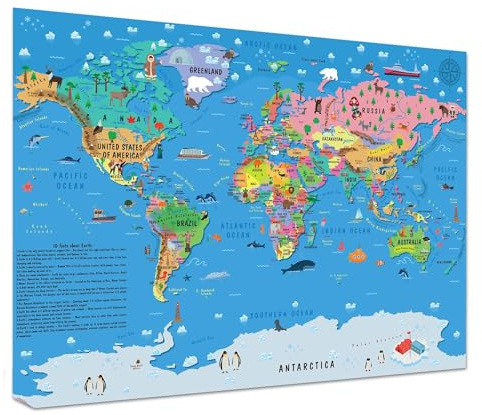 Children’s World Map Poster for Wall – Large A1 Illustrated World Map for Kids Globe Atlas Wallchart