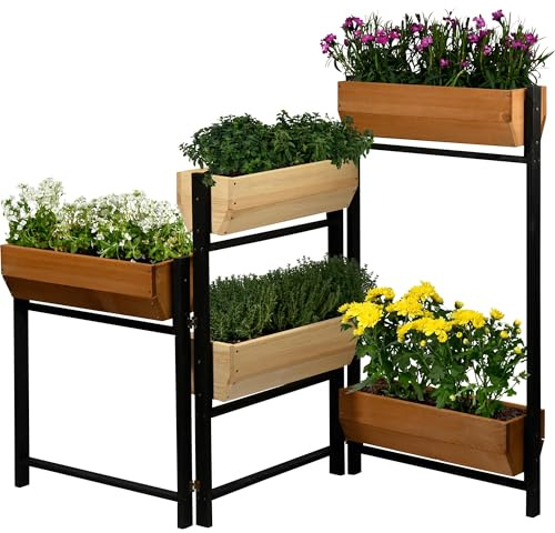 dobar® Vertikalbeet Flexi mit 5 Stufen - Flexibles Hochbeet aus Kiefernholz - klappbarer Blumenkasten Kräuterbeet - 165 x 18 x 105 cm - Schwarz/Braun/Natur, Hellbraun