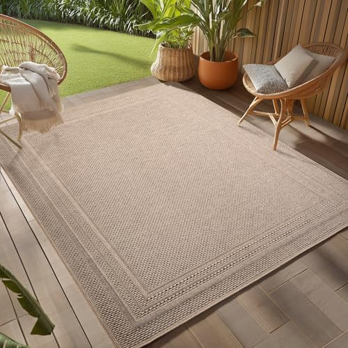 Teppium Outdoor Teppich Beige 160x230 cm, Wetterfest & UV-beständig, ideal für Küche, Balkon, Terrasse, Garten auch Wohnzimmer und Esszimmer, Einfarbiges Design mit Bordüre