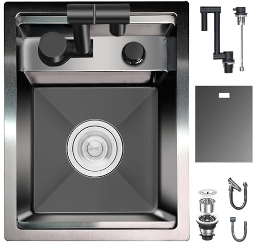 Hidden Concealed Kitchen Bar Sink with Folding Faucet Hidden Stainless Steel Undermount Workstation Bar Sink for Small Bar Prep RV (Black A 30x45x22CM)