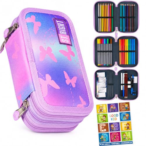 Goldkids - Federmäppchen 3 Fächer - Mäppchen für Mädchen und Jungen - Federmappe 3-Fach Federtasche 46-teilig Gefüllte Schüleretui Hausaufgabenheft- Schmetterling Motiv