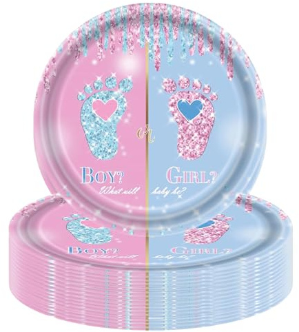 ShiningUU Lot de 16 assiettes en carton jetables pour fête prénatale Rose/bleu pour fille ou garçon, vaisselle avec couverts pour décoration de table à dessert