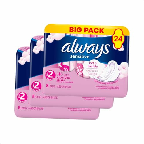 Always Sensitive Super Size 2 Wings Sanitary Pads - 24 Count (Pack of 3X 8  Pads), Fragrance‑Free, Soft and Flexible, Dermatologist‑Approved Comfort for Sensitive Skin