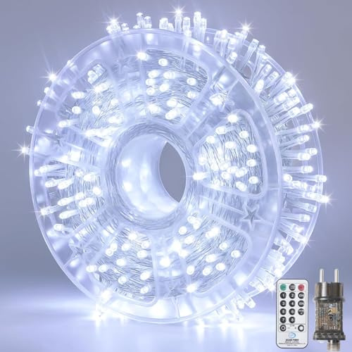 JMEXSUSS 132 ft 400 LED weiße Weihnachtsbeleuchtung, weiße Lichterkette | für Innen- und Außenbereich, wasserdicht, 8 Modi mit Fernbedienung, Weihnachtsbeleuchtung für draußen, Baum, Party Dekoration