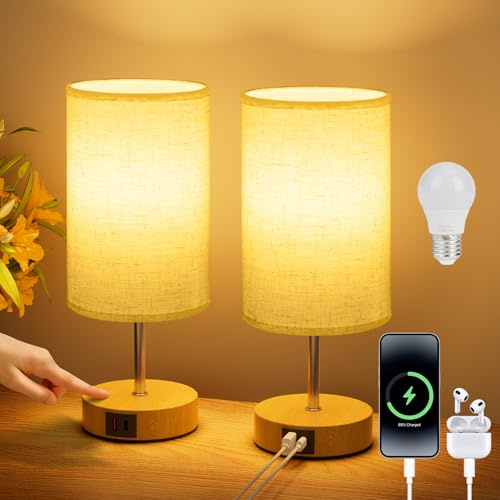 Suright Bedside Lamps Set of 2, Table Lamp with USB A+C Charging Ports | 3-Way Dimmable, Touch Lamps Bedside, Small Lamp for Bedroom Living Room Kids Room with Linen Fabric Shade (LED Bulb Included)