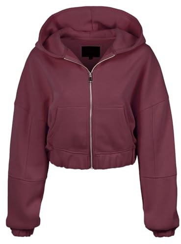 MixMatchy Women's Solid Casual Basic Long Sleeve French Terry Zip Up Crop Hoodie Jacket, A Dark Burgundy, Medium