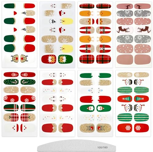 GWAWG 8 hojas de calcomanías de esmalte de uñas autoadhesivas con 1 lima de uñas de Navidad para mujeres y niñas, decoración de Navidad