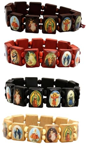 xwnyzw 4 PCS Rosary Bracelet, Jesus Gifts Catholic Gifts for Women Christian Bracelet with Pictures of Religious Saints Wooden Bracelets Religious Gift with Elasticity Bracelets Rosary Souvenir