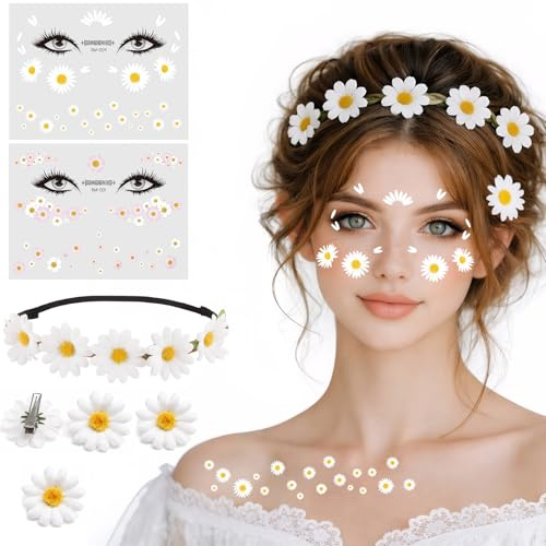 JOYEASE Blumen Haarband Set mit 2 Blumen Tattoo Gesicht, Gänseblümchen Stirnband mit 4 Haarspangen, Gesichtstattoos Hippie Haarschmuck für Karneval Fasching Mottoparty