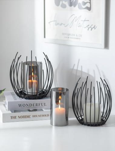 Romadedi Windlicht Schwarz, 2er Set Metall mit Glaszylinder | für Stumpenkerzen/LED-Kerzen, Tischdeko für Wohnzimmer, Esstisch, Balkon, Bad; Auch für Kunstblumen oder als Geschenk