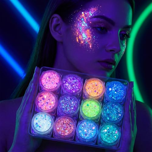 12 colores Festival Lentejuelas Cara, Fluorescente Lentejuelas y Fosforescentes en el Negro para el Cuerpo Cabello Maquillaje Neonero Noche Carnaval Escena Concierto Adultos Halloween Boda