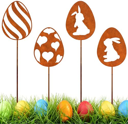 LingBaby Osterhasen Gartenstecker 4er Ostern Rost Deko Gartendeko Frühling Deko für Frühling, Garten, Wohnzimmer, Balkon (4 Stück Kaninchen B)