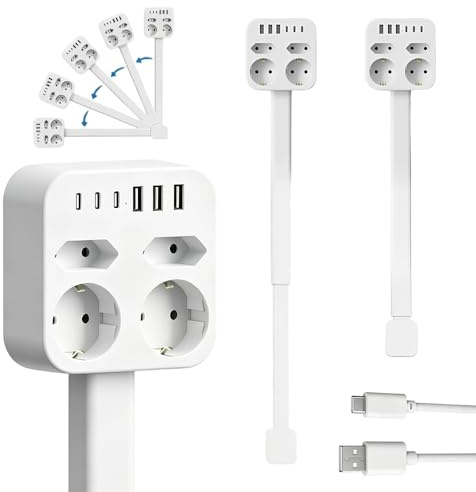 Erweiterbare Steckdosenleiste, 4-Fach Mehrfachsteckdose mit 3 USB C & 3 USB A, Ausziehbar 47cm-67cm Steckdosenverlängerung, 180° Schwenkbar Steckdose Verlängerung für Haus, Büro, Weiß
