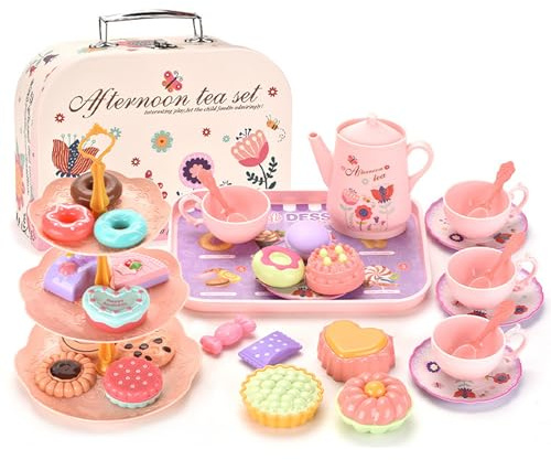 Tsawntd Juego de té de Juguete, Juego de Fiesta de té de 42 Piezas para niños, niñas con diseños de arcoíris, Juguete para de imitación de plástico Seguro con Caja de Transporte, Mayores de 3 años