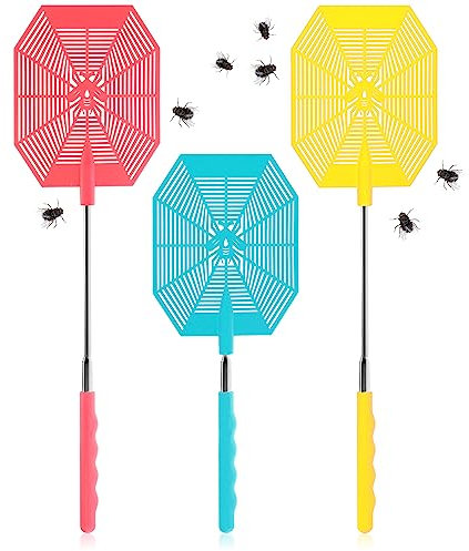 COM-FOUR® 3X tapette à Mouches avec télescope, Extensible 27-58 cm, tapette télescopique pour éloigner Les Mouches, guêpes, moustiques et Autres Insectes - Stable (003 pièces Bleu Jaune Rose)
