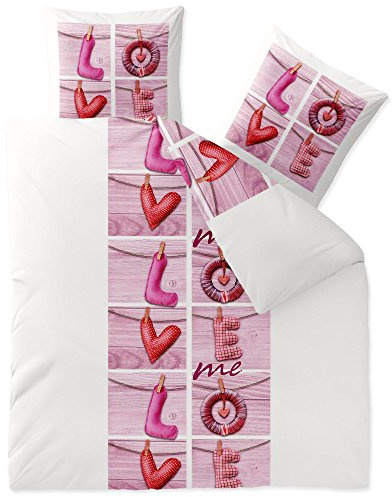 CelinaTex Touchme Biber Bettwäsche 200 x 220 cm 3teilig Baumwolle Bettbezug, Set, Bettgarnitur für Sommer und Winter, ganzjährig, pflegeleicht, Loana Love Herz Wörter weiß pink rosa