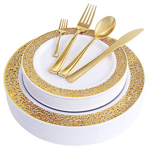 WDF 150PCS Gold Plastic Plates Set - Gold Plates 25Guests Gold Disposable Dinnerware Sets for Wedding Party Birthday