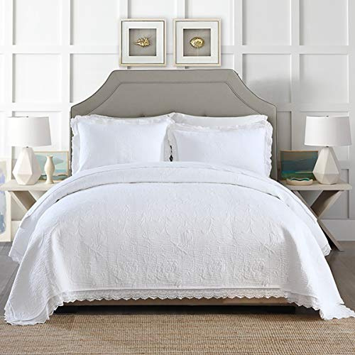 WDXN BettüBerwurf Weiß Bestickte Tagesdecke (240 * 260 cm) Mit 2 KissenbezüGen, FüR Doppelbett, Hand-Blockdruck,Waschbare Sommer-Bettdecke Aus Spitze,White,240 * 260cm
