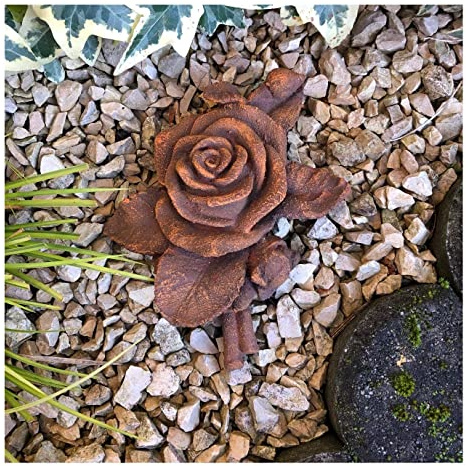 Radami XL Rose mit Stiel Rosenblüte auch Grabdekoration Grabschmuck Steinguss 16 cm Rost Optik, ca. 360g