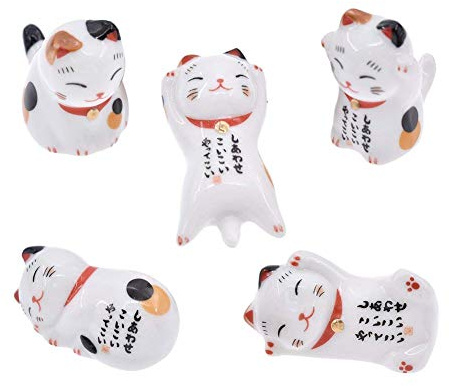 aoory 5er Set Glückskatzen aus Keramik Deko Glücksbringer Winkekatzen Essstäbchen Bank Ablage Katze Maneki Neko Keramik Küche Dekoration