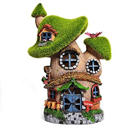 ASAWASA Flocked Mushroom Fairy Garden House with Solar Light,Funny Statue Sculptures for Garden Decor,Exquisite Cottage Figurines for Patio Lawn Yard Gift Decoration