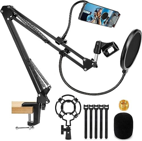 RenFox Mikrofon Arm, Verstellbarer Mikrofonständer Tisch Mikrofonarm mit Pop-Filter und Handyhalter für Studio Program, Rundfunk TV Sender, Kompatibel mit Blue Yeti, Snowball und Andere Mikrofone