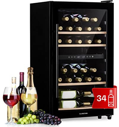 Klarstein Weinkühlschrank, Getränkekühlschrank Schmal, 2 Zonen Kühlschrank mit Glastür, Getränkekühlschränke Freistehend, Weinkühlschrank Klein, Weinkühlschränke mit UV-Schutz, 5-18°C, 34 Flaschen