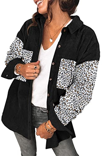Saslax Cordhemd für Damen, mit langen Ärmeln, Oversize-Passform, V-Ausschnitt und Knopfleiste, lockeres Shacket-Jackendesign, B-schwarz, Klein
