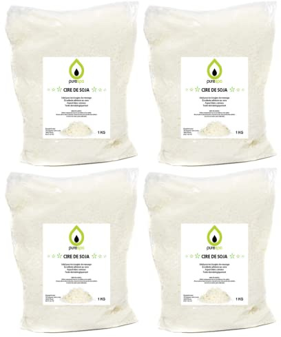 Purespa | 4 kg de Cire de soja Naturelle et écologique | Cire Premium en Flocons pour la Fabrication de Bougies en contenants | Point de Fusion Bas 46-48° (4 Sachets de 1 KG) Offre limitée