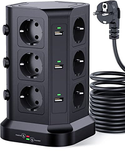 [5M CAVO] KOOSLA Multipresa verticale protezione sovratensione(4000W/16A), Ciabatta torretta multipresa con 12 prese e 6 slot USB-A, 3 interruttori indipendenti, 5M Cavo, Nero