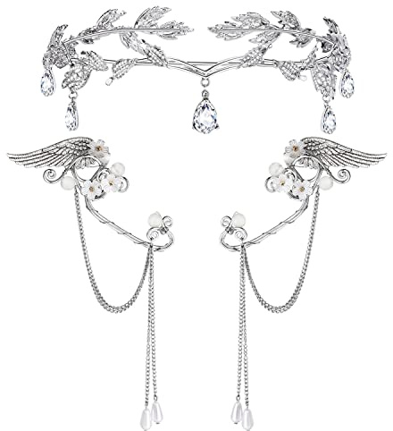 JeweBella Orecchini Elfo Tiara per Donna Argento Polsini Foglie Diadema Corona Clip Set per Halloween Costume Cosplay Matrimonio