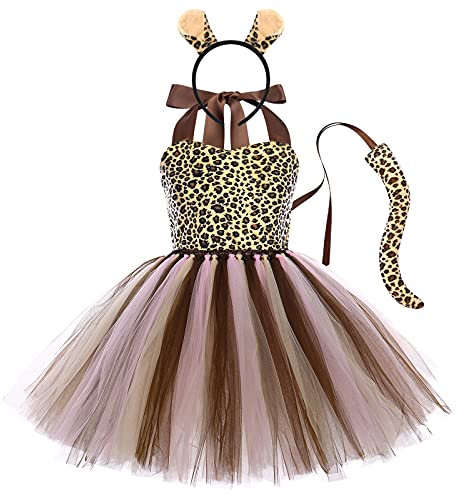 FYMNSI Kinder Baby Halloween Tier Kost?m M?dchen Leopard Cosplay T?t? Kleid Mit Ohren Stirnband Schwanz Outfit f?r Geburtstagsfeier Fasching Mottoparty Karneval Weihnachten Verkleidung Braun 18-24M