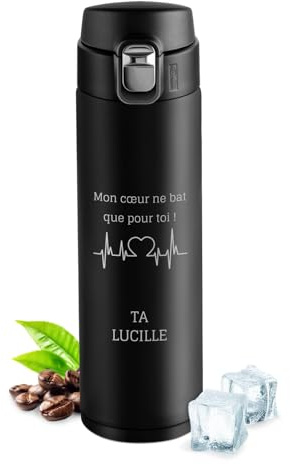 Maverton Bouteille isotherme personnalisable 50cl, Mug de voyage à café/thé | Thermos hermétique avec gravure cadeau homme, saint valentin, Gourde isotherme, pour lui/cadeau copain, coeur