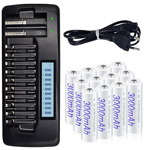 Akku Batterien AA 12 Stück 3000mAh Mit Ladegerät Intelligent - 12 Slot Smart LCD Schnellladegerät Universale für Mignon AA, Miscro AAA 1.2v NIMH Wiederaufladbare Batterien